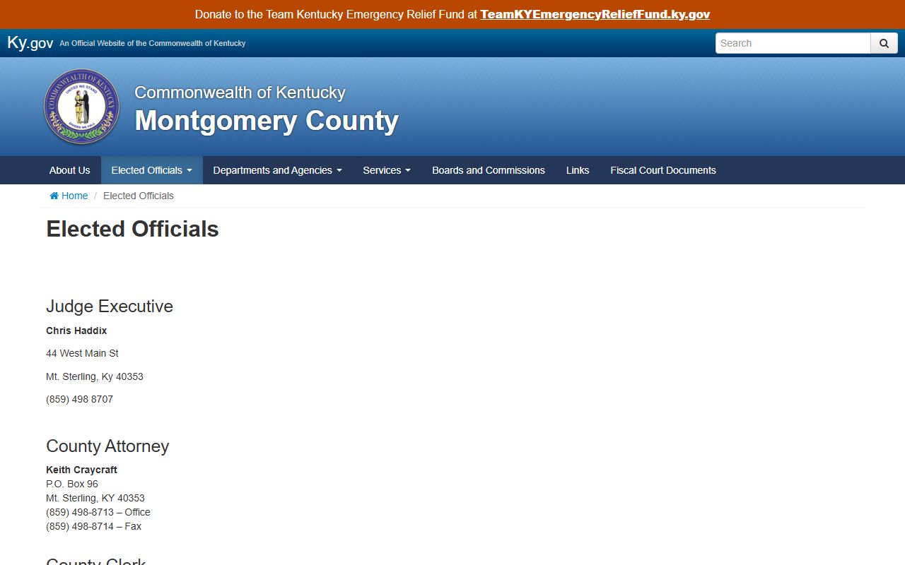 Montgomery County elected officials page with jailer and sheriff contacts