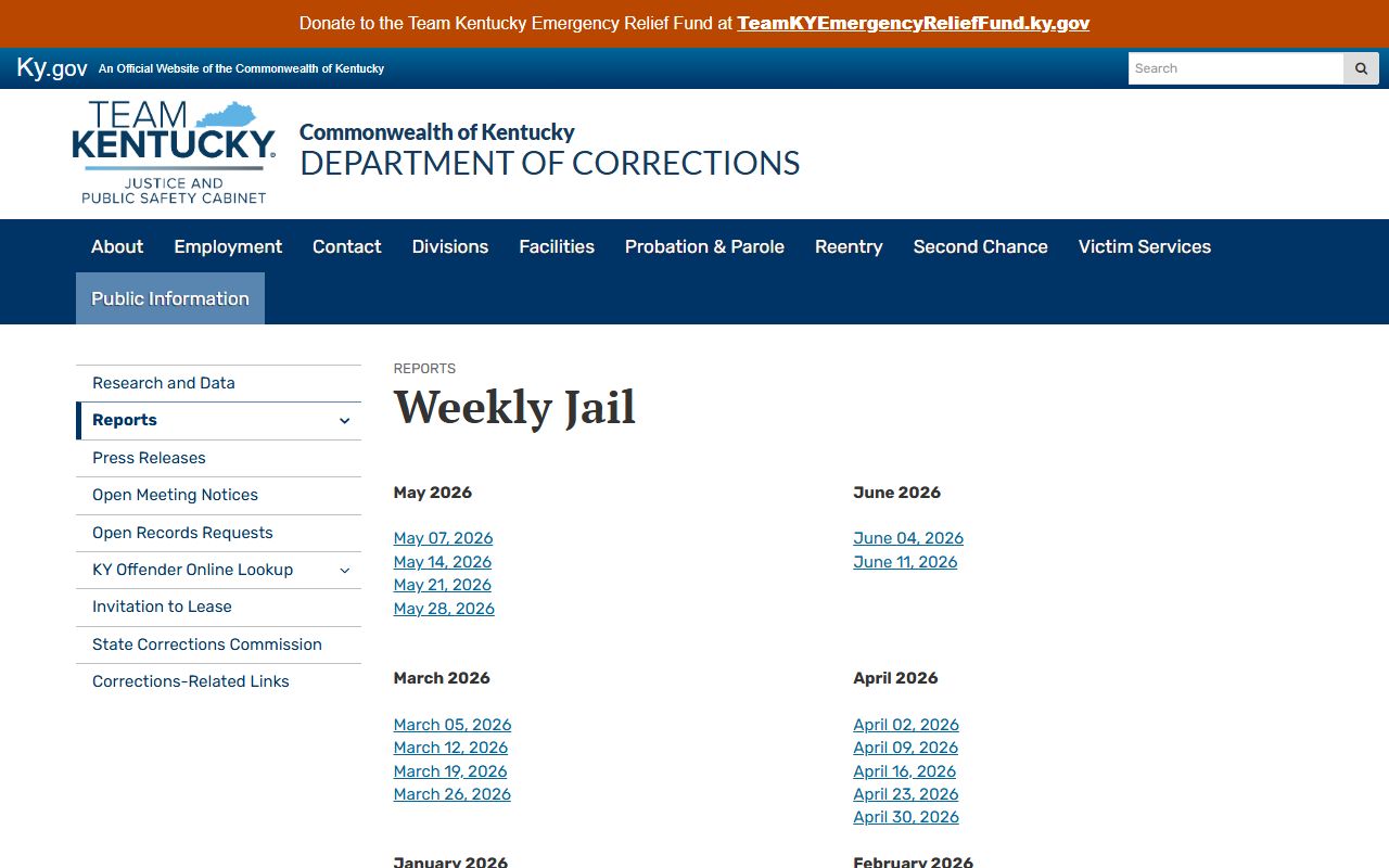 Kentucky DOC Weekly Jail report archive page